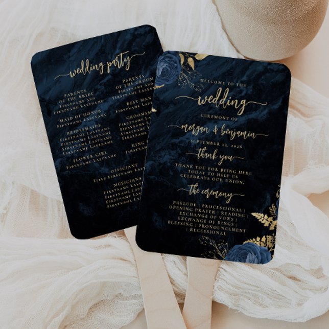 Éventail Élégant programme de mariage floral en agate bleu  (Créateur téléchargé)