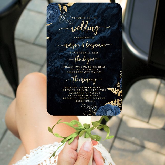 Éventail Élégant programme de mariage floral en agate bleu  (Créateur téléchargé)