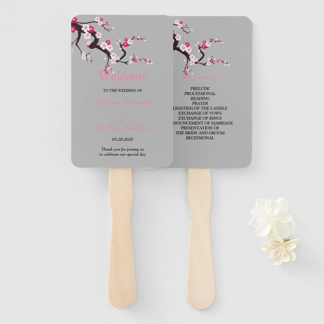 Éventail Elégant programme de mariage floral rose Cerisier  (Devant et derrière)