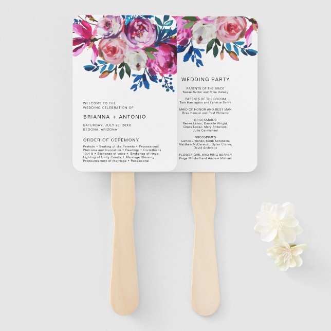 Éventail Élégant Programme de Mariage Floral Rose Moderne (Devant et derrière)