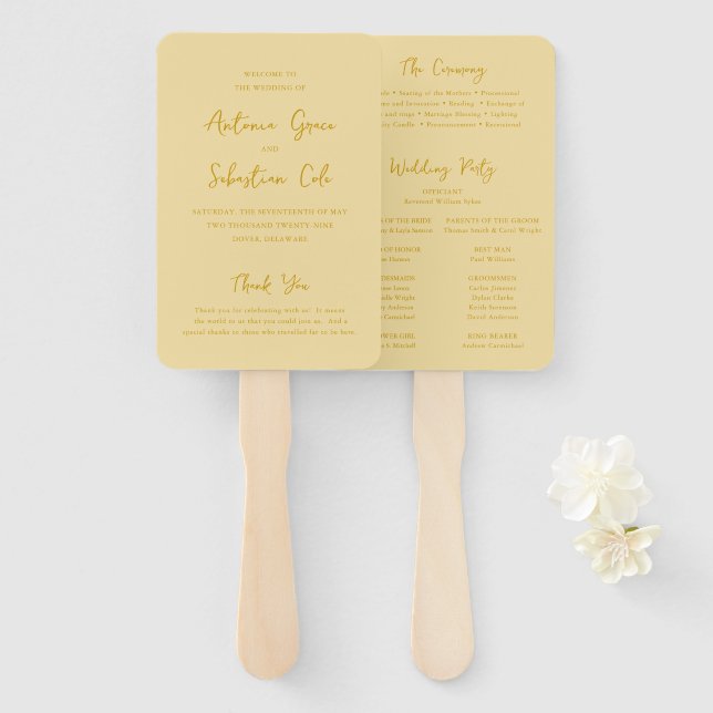Éventail Élégant Programme de Mariage Jaune Beurre Moderne (Devant et derrière)