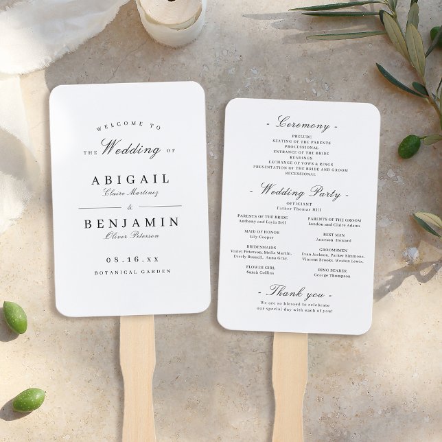 Éventail Élégant programme de mariage minimaliste noir et b (Elegant black and white minimalist wedding program hand fan)