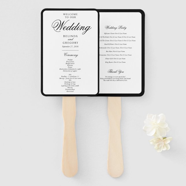 Éventail Élégant Programme de Mariage Monogramme Noir Blanc (Devant et derrière)