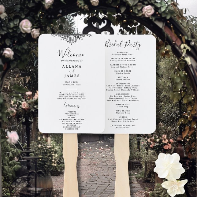 Éventail Élégant programme de mariage Monogramme noir et bl (Créateur téléchargé)