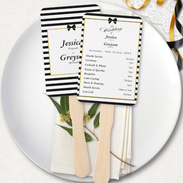 Éventail Élégant programme de mariage noir blanc rayures or (Créateur téléchargé)