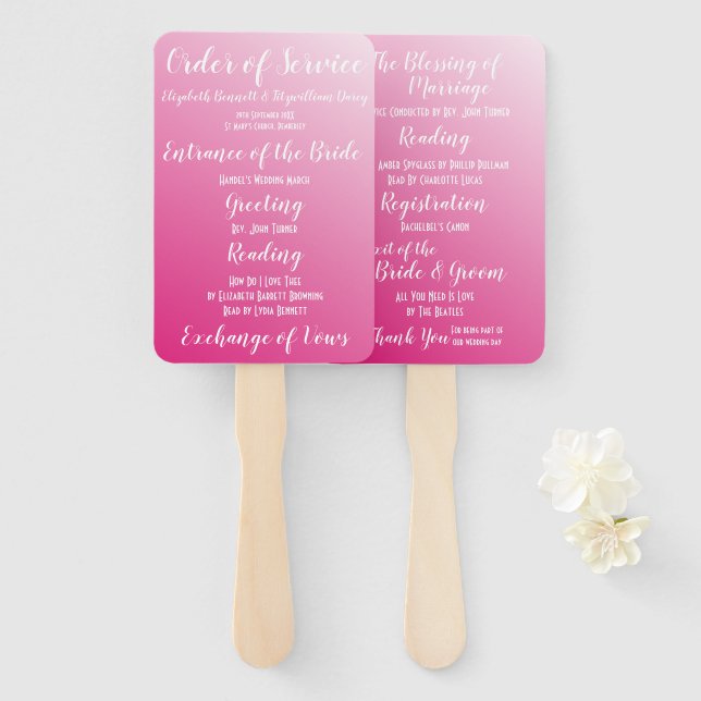 Éventail Élégant programme de mariage rose vif (Devant et derrière)