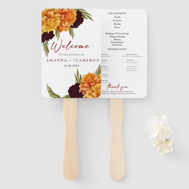 Éventail Élégant programme de mariage rouge Bourgogne "MARI (Devant et derrière)