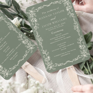 Éventail Élégant programme de mariage vert sauge vintage