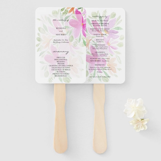 Éventail Élégant programme floral aquarelle peint à la main (Devant et derrière)