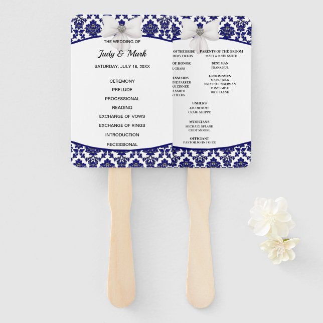 Éventail Élégant programme Navy Blue Mariage damassé (Devant et derrière)