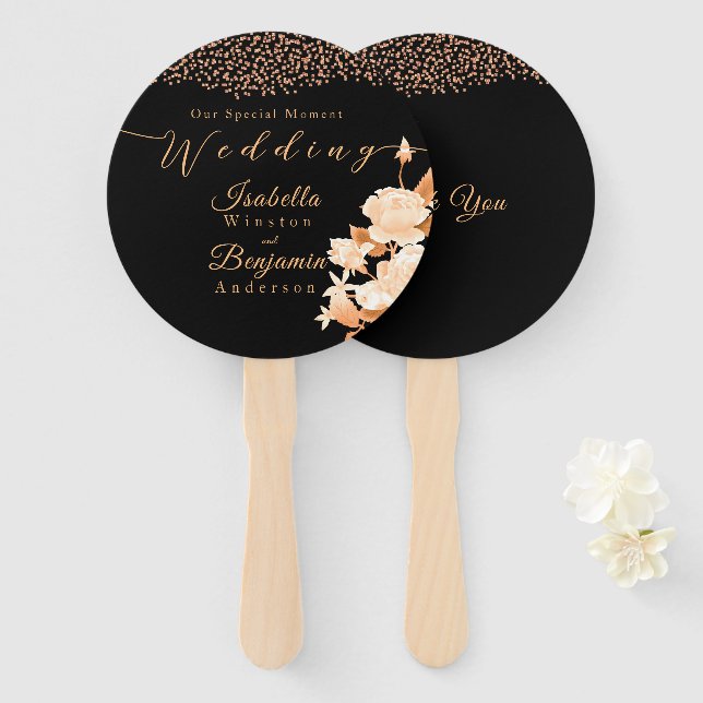 Éventail Élégant Rose or Mariage noir (Devant et derrière)