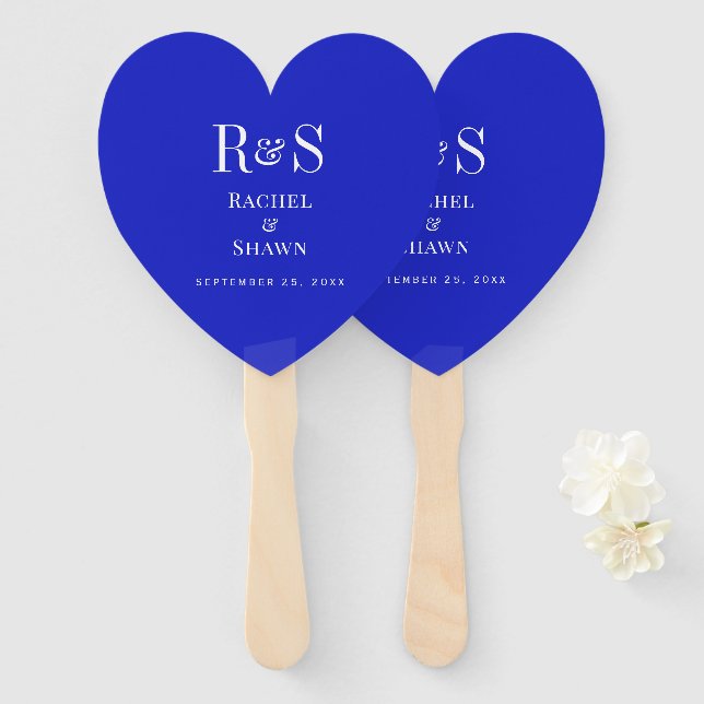 Éventail Elégant Royal Blue Chic Moderne Monogramme Mariage (Devant et derrière)