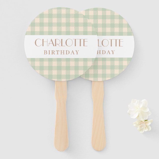 Éventail Élégant sauge vert preppy en vichy plaid coché (Devant et derrière)