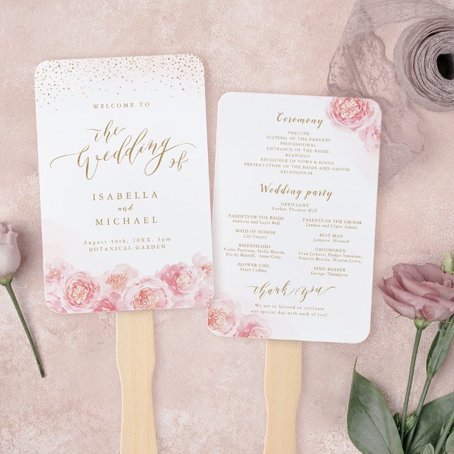 Éventail Élégant script or & programme de mariage floral bl (Elegant script gold & blush floral wedding program hand fan)