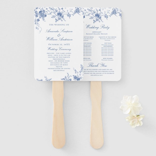 Éventail Élégant Victorian Blue Floral Wedding Programme (Devant et derrière)