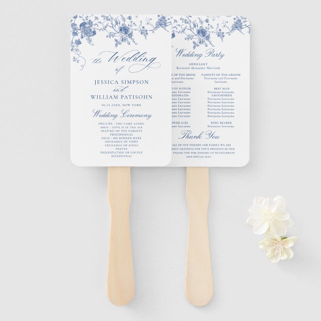 Éventail Élégant Victorian Blue Floral Wedding Programme (Devant et derrière)