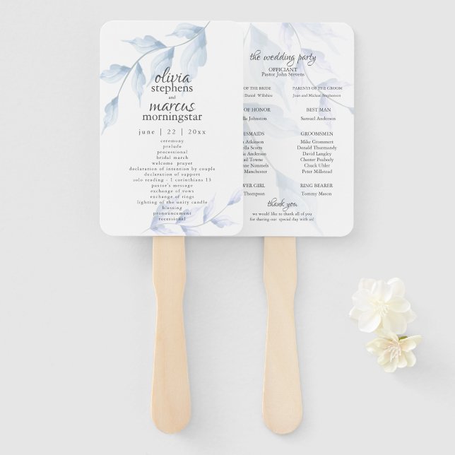 Éventail Elégante aquarelle Dusty Blue Floral Programme (Devant et derrière)