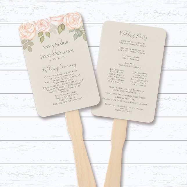 Éventail Elégante aquarelle Florale Simple Pêche verte (Elegant peach rose floral wedding program fan with watercolor roses and ceremony details.)