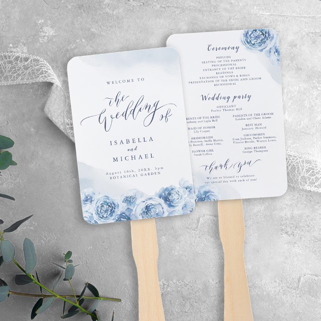 Éventail Elégante calligraphie bleu aquarelle mariage flora (Elegant calligraphy blue watercolor floral wedding hand fan)
