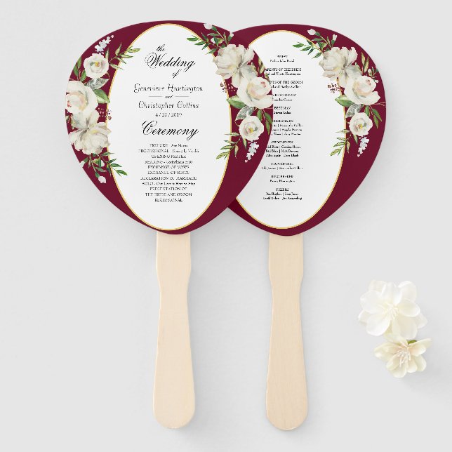 Éventail Élégante cérémonie de Mariage floral Boho Burgundy (Devant et derrière)