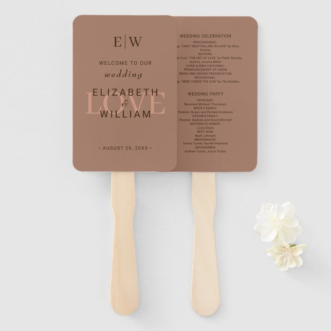 Éventail Elégante Mocha Mousse simple avec Mariage Monogram (Devant et derrière)