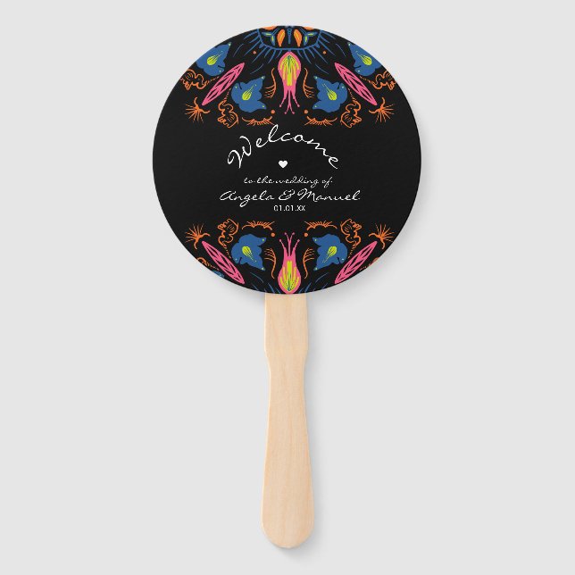 Éventail Éléphant Indien Floral Mariage Noir (Devant)