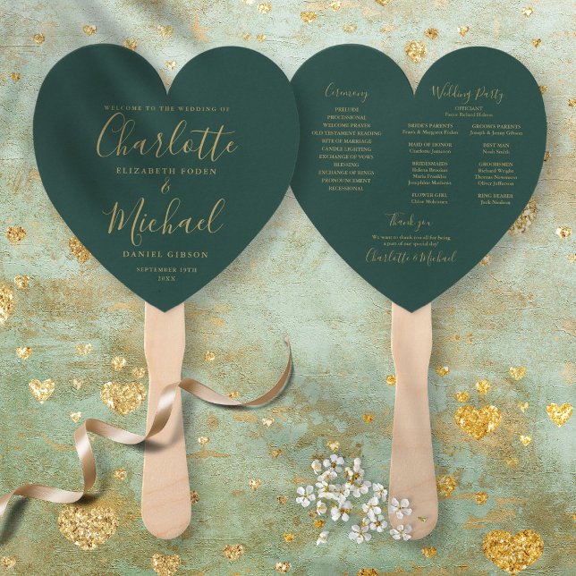 Éventail Emerald Green Et Gold Wedt Programme Coeur (Emerald Green And Gold Wedding Program Heart Hand Fan)
