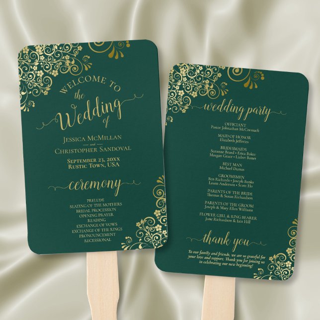 Éventail Emerald Green & Gold Lace Élégant programme de mar (Front/Back)