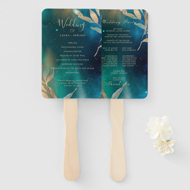 Éventail Émeraude vert nébuleuse galaxie nuit ciel doré feu (Devant et derrière)