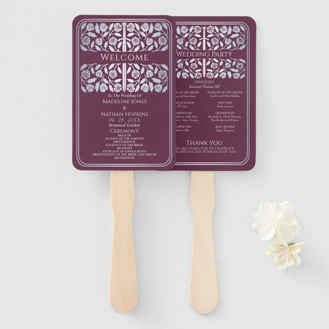 Éventail Épée argentée médiévale mauve programme de mariage (Devant et derrière)