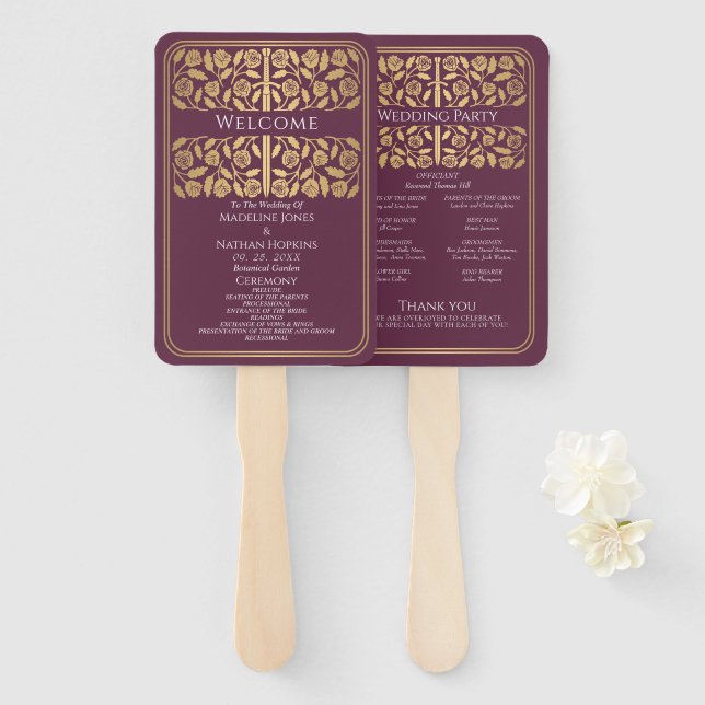 Éventail Épée dorée mauve médiévale Programme de mariage ro (Devant et derrière)