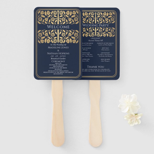 Éventail Épée Médiévale Bleue Or Programme de Mariage Royal (Devant et derrière)