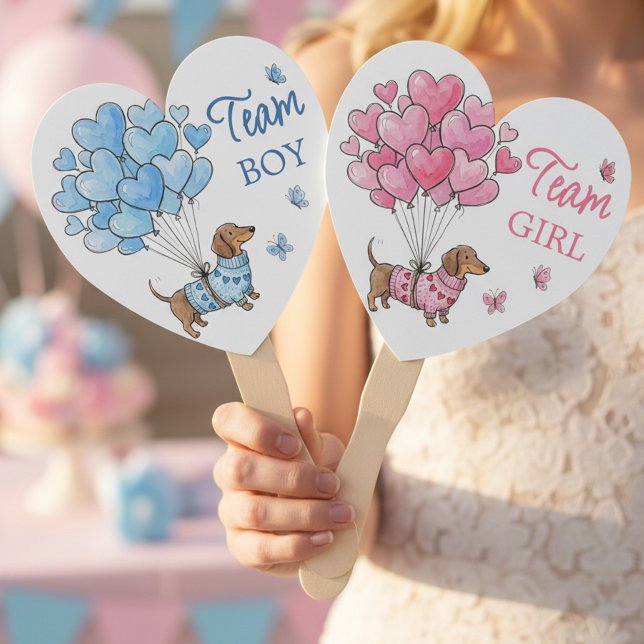 Éventail Équipe teckel garçon équipe fille révélation du se (Team Boy / Girl Fans - Teenie Weenie Sweetheart Dachshund Gender Reveal collection by Darling & May)