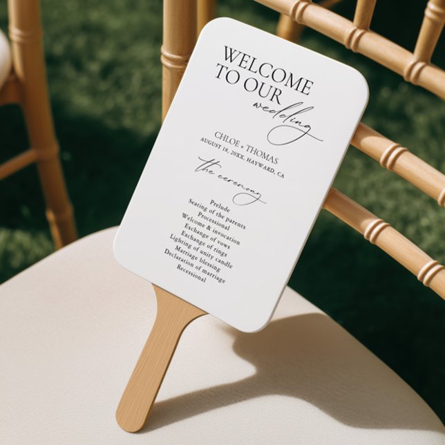 Éventail Eventail de main pour programme de mariage de bien (Black & White Welcome Wedding Program Hand Fan)