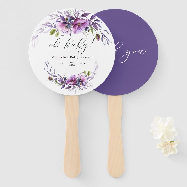 Éventail Faire-part de bébé Fleurs de pavot violet aquarell (Devant et derrière)