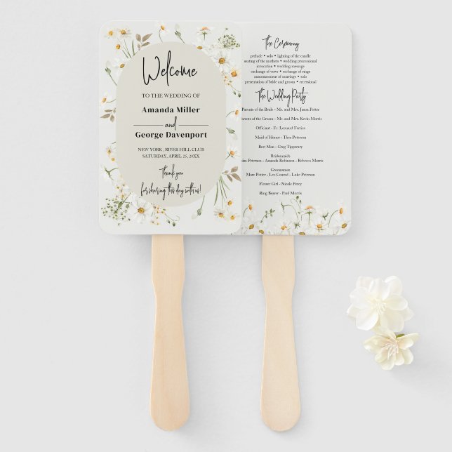 Éventail fan du programme de mariage Fleur sauvage Daisy (Devant et derrière)