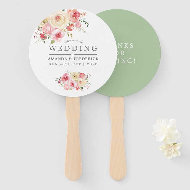 Éventail Faveur de mariage florale Rose et Vert Sauge (Devant et derrière)