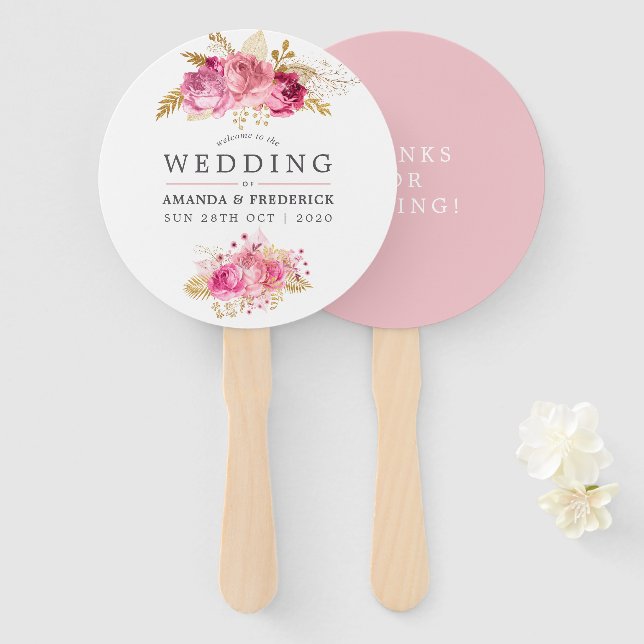 Éventail Favori de mariage aquarelle Roses roses et or (Devant et derrière)