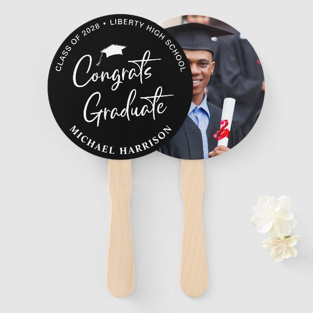 Éventail Félicitations Photo Black Graduation (Devant et derrière)