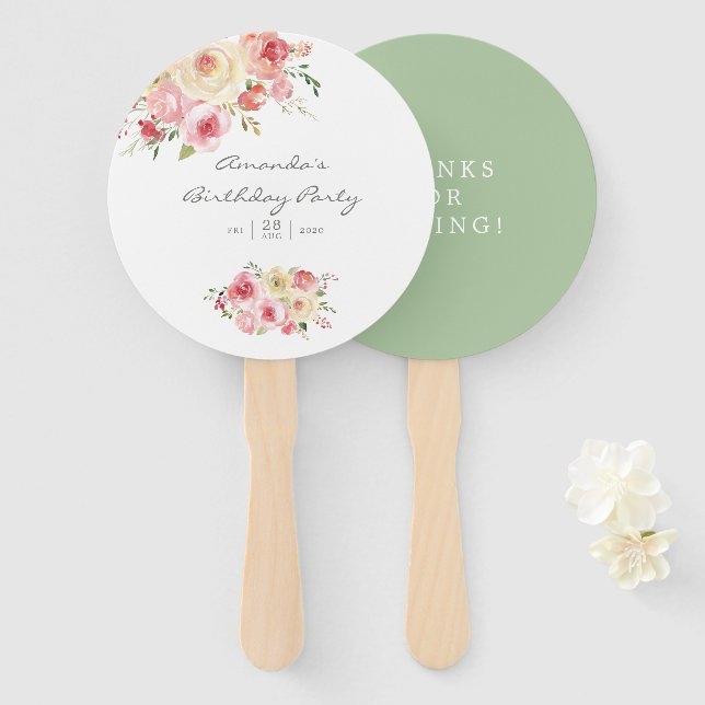 Éventail Fête d'anniversaire florale rose et vert sauge (Devant et derrière)