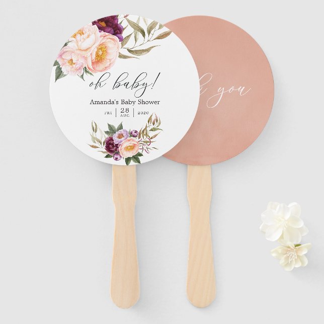 Éventail Fête de bébé florale pêche et Bourgogne (Devant et derrière)