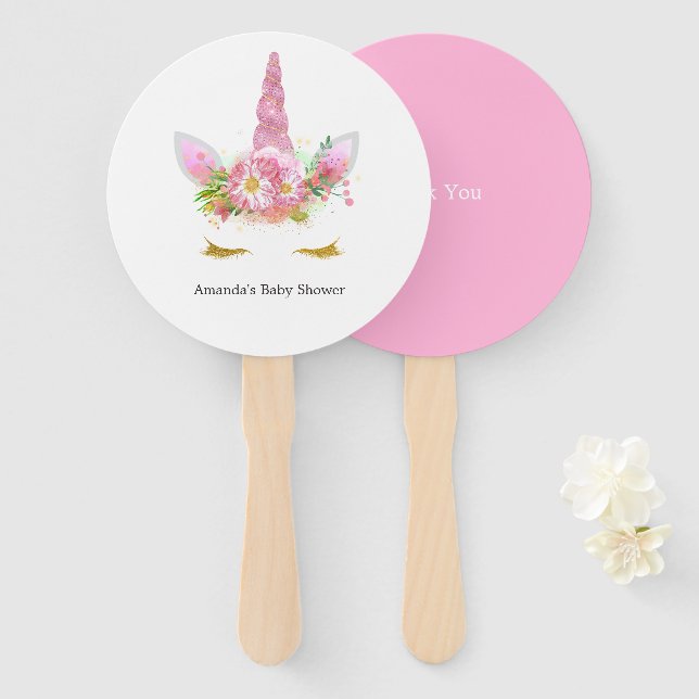 Éventail Fête de naissance Licorne Fleurie Rose et Or (Devant et derrière)