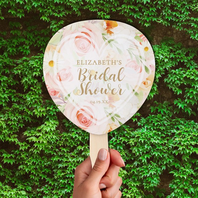 Éventail Fête des mariées chic de fleurs de jardin (Chic garden flowers bridal shower paddle shape hand fan, Assembled or non-assembled DIY)