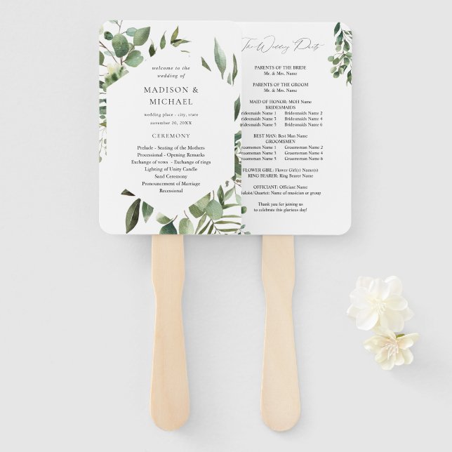 Éventail Feuilles & Eucalyptus Rustic Wedding Programme Ven (Devant et derrière)