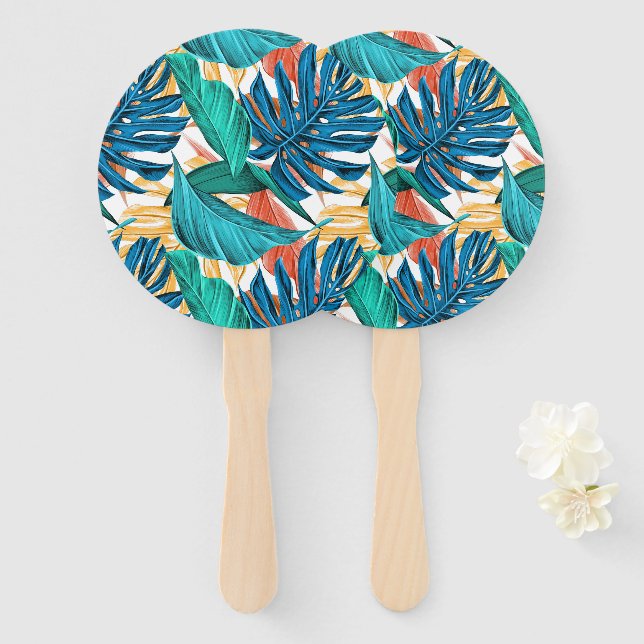 Éventail Feuilles tropicaux colorés, design motif exotique, (Devant et derrière)