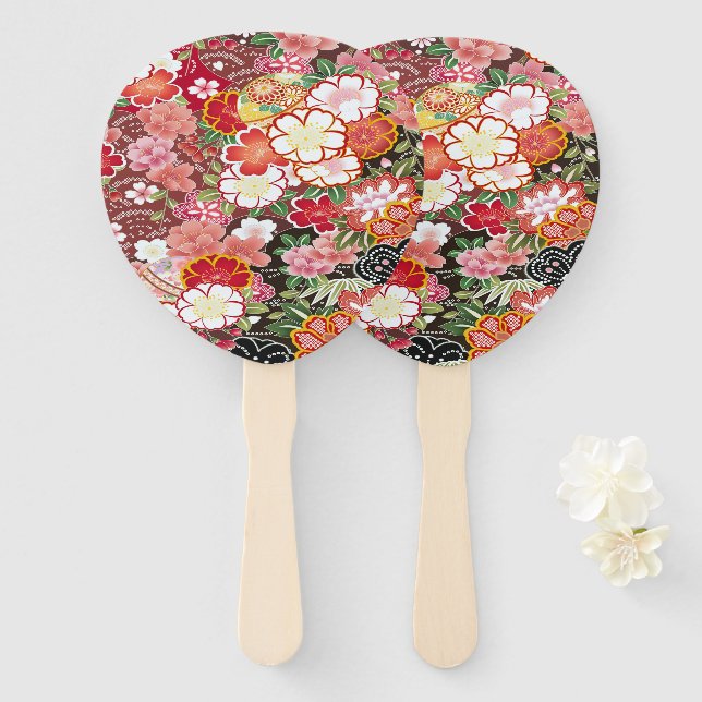 Éventail Fleur de cerisier japonais blanc rouge (Devant et derrière)
