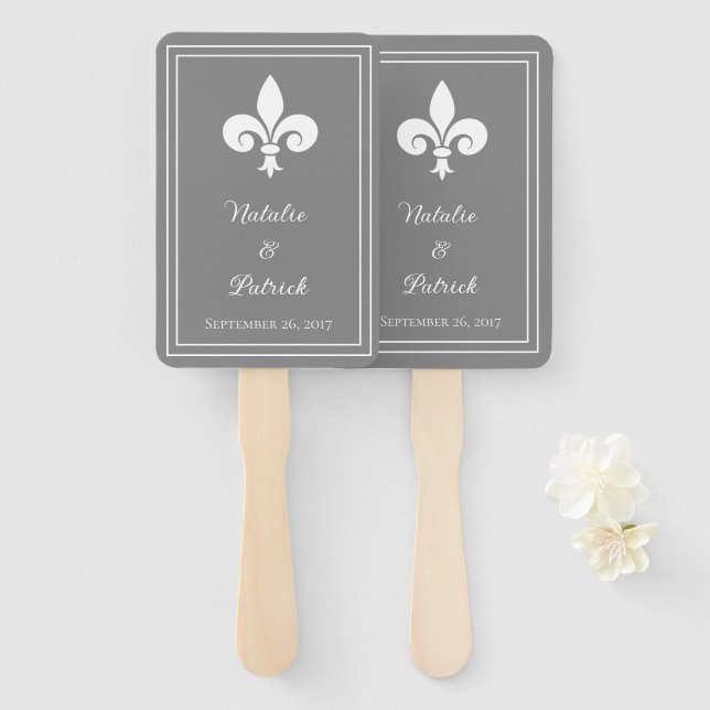 Éventail Fleur de Lis Gris Mariage (Devant et derrière)