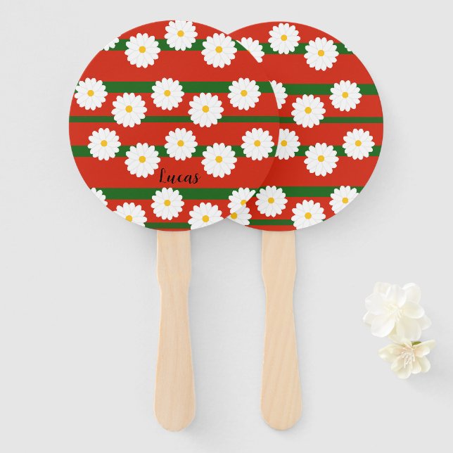 Éventail Fleur de marguerite blanche rouge Joyeux Noël Vaca (Devant et derrière)