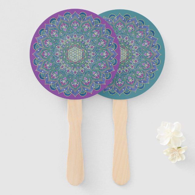 Éventail Fleur de Vie - Mandala de style indien 1 (Devant et derrière)