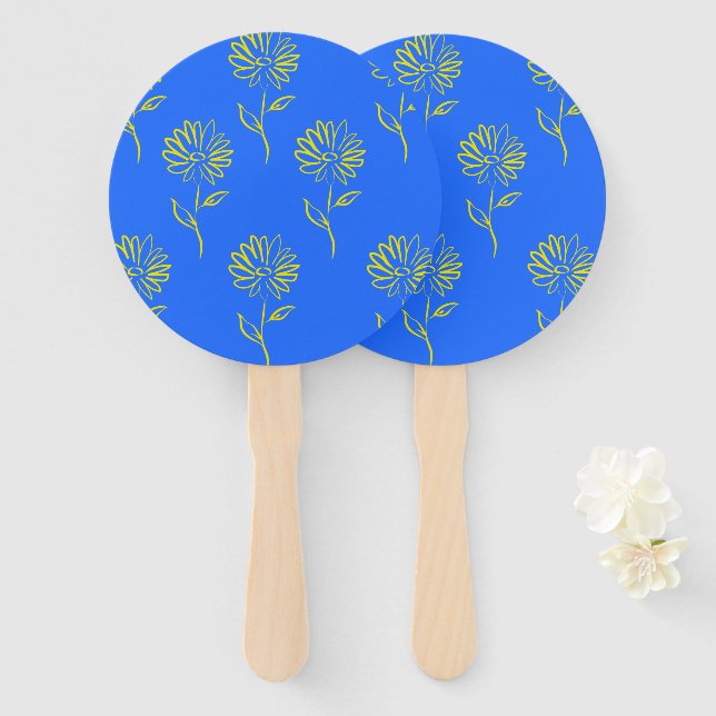 Éventail Fleur jaune sur fond bleu (Devant et derrière)